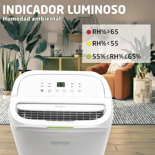 Amig ▫️ Desumidificador MIST - Capacidade de 20 L/dia - Depósito removível de 5,5 L - Controlo de humidade e temporizador - 36 x 28 x 56 cm - 270 W - Capacidade de cobertura de 160 m³/h - Silencioso: 42 dB - Secagem de roupa 6