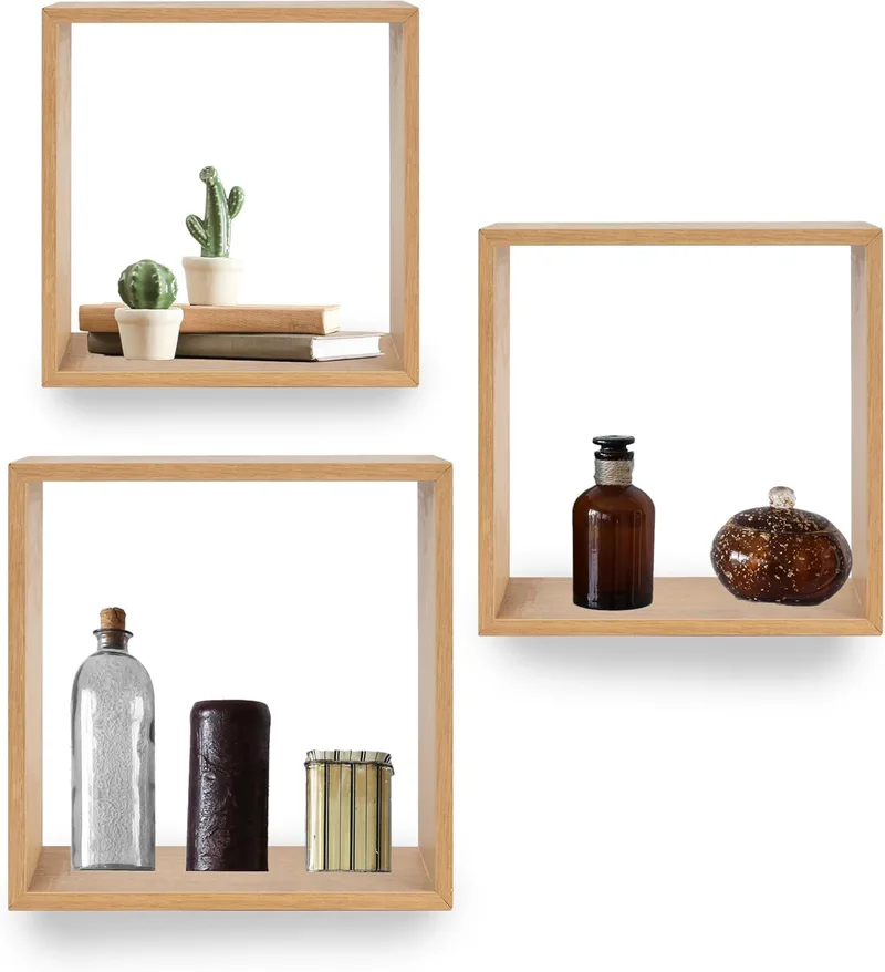 LIN HOME ▫️ XZ-24972 Conjunto de 3 prateleiras flutuantes em madeira, design quadrado minimalista, 30/26,5/23 cm, organizador de parede (madeira)