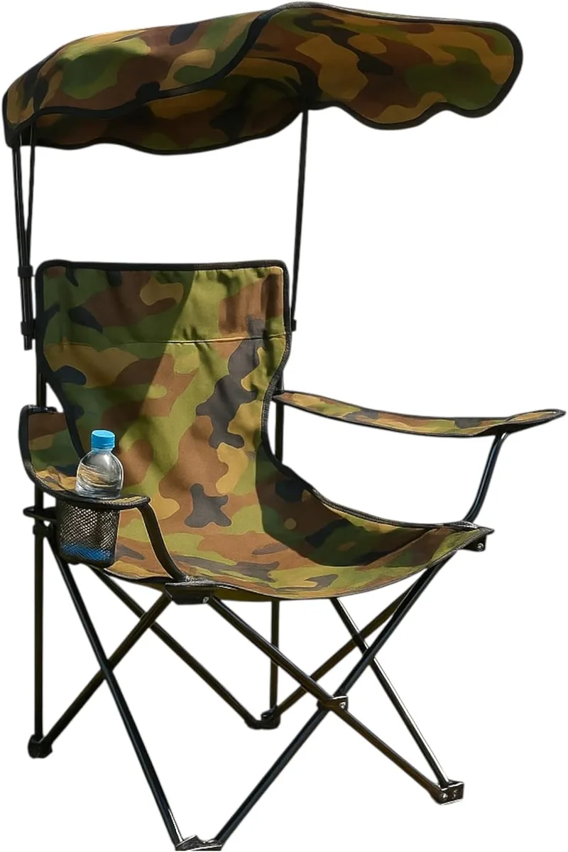 TIENDA EURASIA ▫️ LOJA EURASIA - Cadeira de praia ou de campismo dobrável | Guarda-sol e porta-copos incorporados | Estrutura em metal e tecido Oxford resistente | Padrão de camuflagem | Saco de transporte | 78 x 48 x 130 cm (Embalagem de 1 unidade)