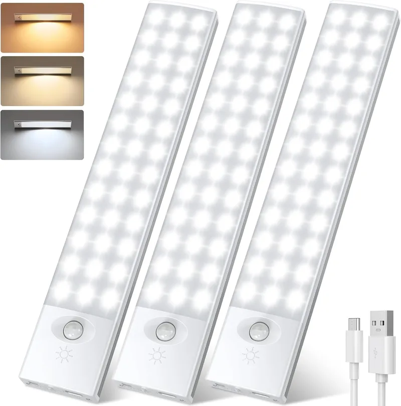YOOKESEN ▫️ Luz LED com Sensor de Movimento 78 LEDs 1500mAH, 23CM Adesivo USB-C Recarregável Luz com Sensor de Movimento 3000K-6500K 4 Modos Para Roupeiro, Garagem, Cozinha, Móveis, Corredor - 3 Peças