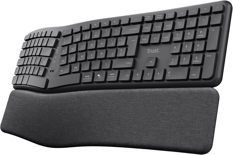Trust ▫️ Arvia Teclado Ergonómico Sem Fios QWERTY Espanhol, Preto | Dividido com Apoio para as Mãos, Silencioso, Compatível com Vários Dispositivos, Bluetooth + 2,4 GHz, PC, Portátil, Mac