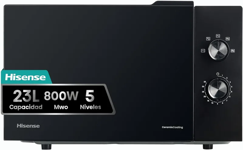 Hisense ▫️ H23MOBP2H4 - Micro-ondas de 23 litros, 800 W de potência, botões mecânicos giratórios, abertura Smart Tab, limpeza fácil graças ao revestimento interior cerâmico, cor preta