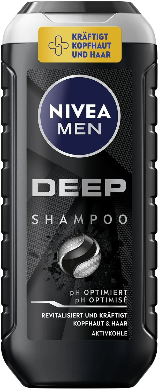 NIVEA MEN ▫️ Champô de limpeza profunda (250 ml), contra o cabelo oleoso e o couro cabeludo, com carvão ativado, champô revitalizante para homens que proporciona uma sensação de frescura duradoura e uma limpeza profunda