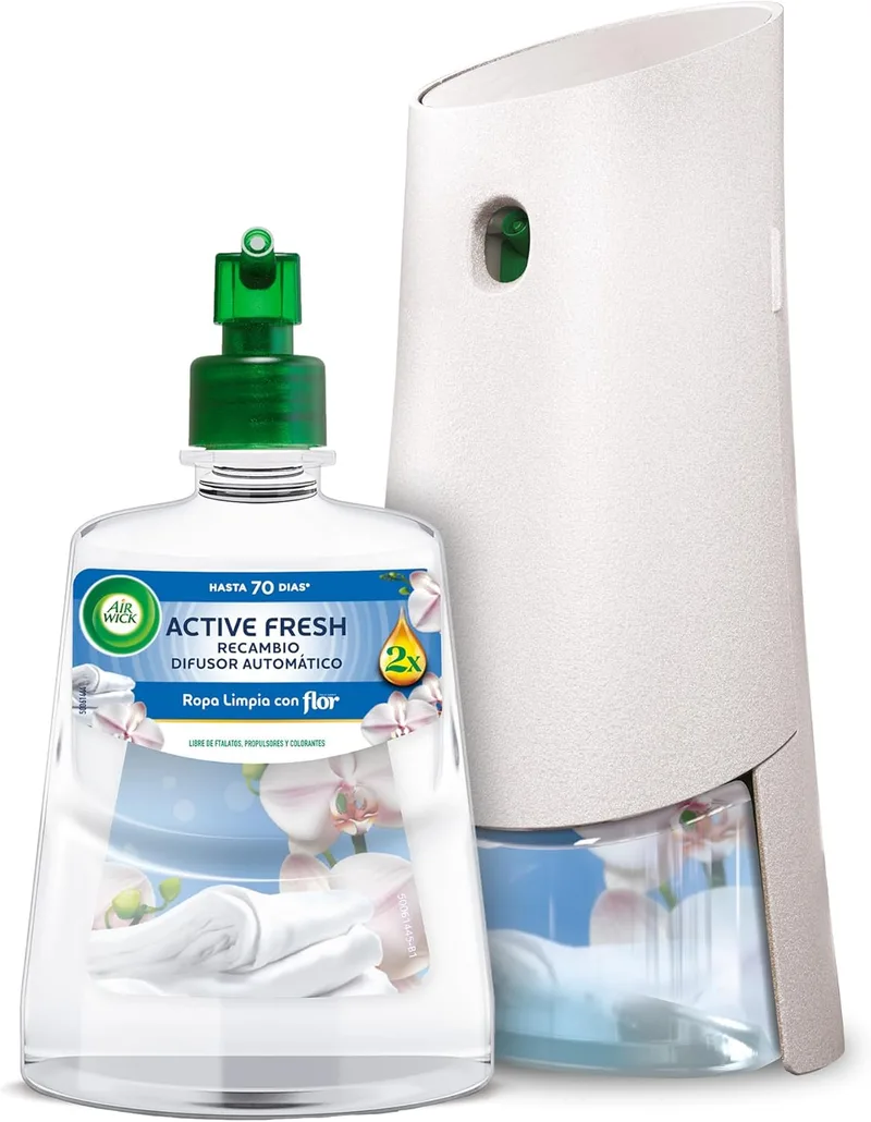 Air Wick ▫️ Active Fresh Automatic Non-Aerosol Spray - Fragrância de roupa limpa, 2 vezes mais óleos essenciais - Unidade difusora + recarga, até 70 dias de vida