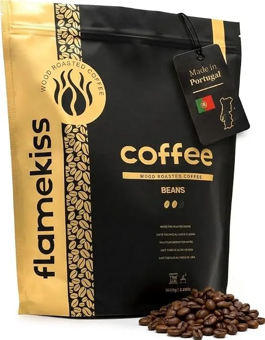 FLAMEKISS ▫️ Café em grão 1 kg - Torrado a lenha em Portugal - Mistura de Arábica e Robusta, suave, sem acidez e com muita espuma - Para máquinas de café superautomáticas e de expresso