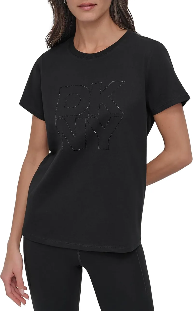 DKNY ▫️ Camisola de gola redonda com padrão gráfico em contornos e strass sobrepostos para mulher