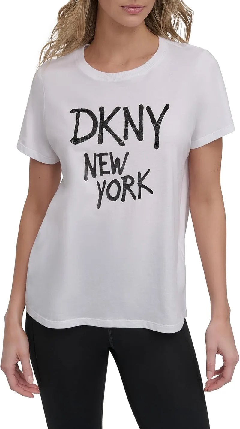 DKNY ▫️ Rhinestone Graffiti T-shirt de manga curta Relaxed Fit Crew Neck para mulher