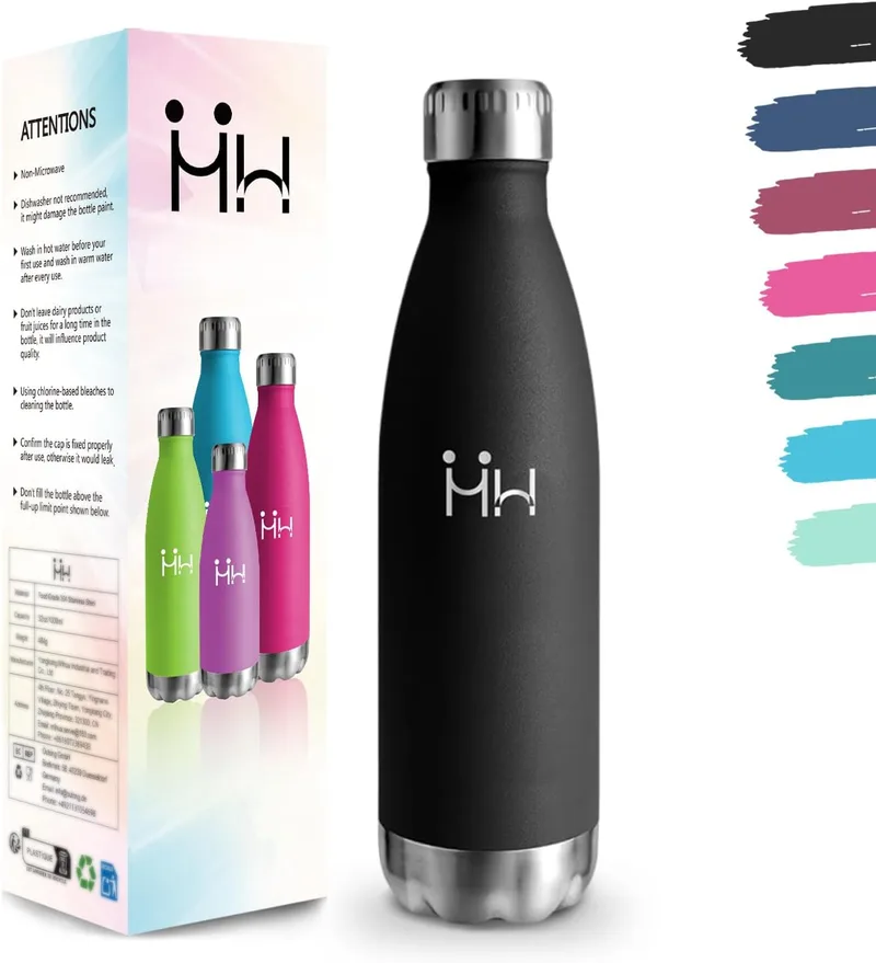 Motswedi ▫️ Garrafa de água em aço inoxidável, 500 ml, sem BPA, garrafa térmica, aço inoxidável 18/8, garrafas de água, isolamento a vácuo com parede dupla, garrafa térmica de aço para acampamento - Preto