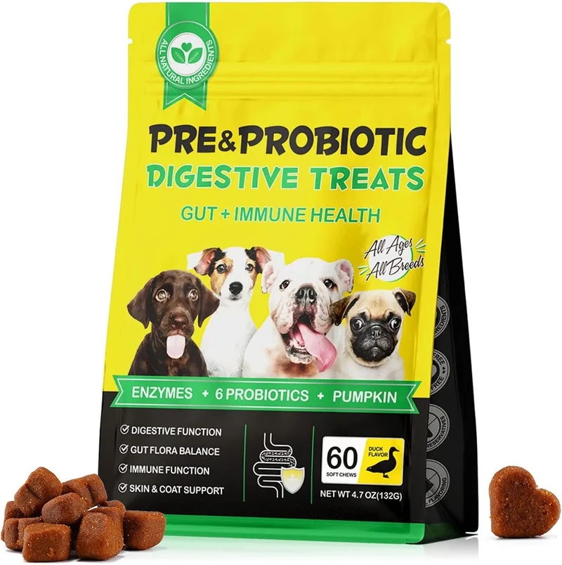 Genérico ▫️ Probióticos para Cães Enzimas Digestivas, Probióticos para Cães, Melhorar a Saúde Intestinal, Pele e Pelo, Alergias Sazonais, Todas as Raças, 60 unidades - Pato (60 mastigações)