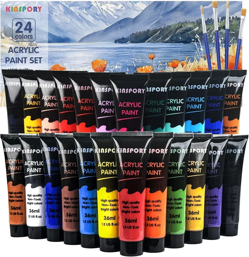 KINSPORY ▫️ Tintas acrílicas 24 x 36 ml com 4 pincéis - Tinta acrílica resistente à água, segura e certificada - para tela, madeira, vidro, pedra - Ideal para artistas, principiantes e crianças