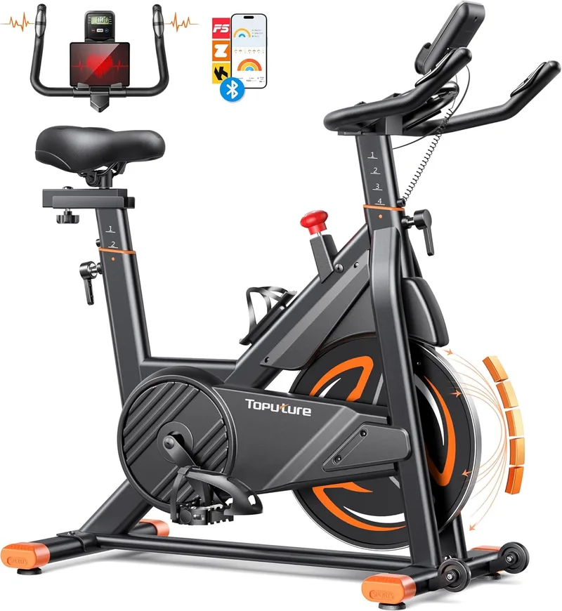 Toputure ▫️ 2026 Versão - Bicicleta estática com pulsómetro e aplicação, bicicleta estática profissional ultra silenciosa e estável, assento confortável, suporte para tablet e porta-garrafas, volante de 15 kg, peso máximo de 160 kg