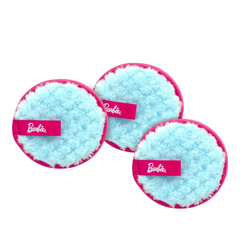 Barbie ▫️ Conjunto de 3 discos de desmaquilhagem reutilizáveis - Algodão ultra-suave - Laváveis na máquina - Desmaquilhante facial sem resíduos - Design moderno em rosa - Kit de beleza portátil