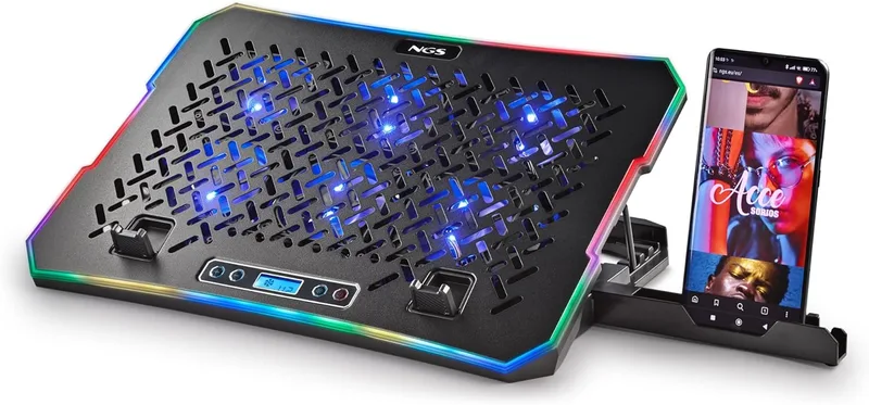 NGS ▫️ Hero Stand - Base de refrigeração para portátil, 6 ventoinhas silenciosas, ecrã LCD, RGB, altura ajustável, 2 portas USB, suporte para smartphone, antiderrapante, 2400 RPM