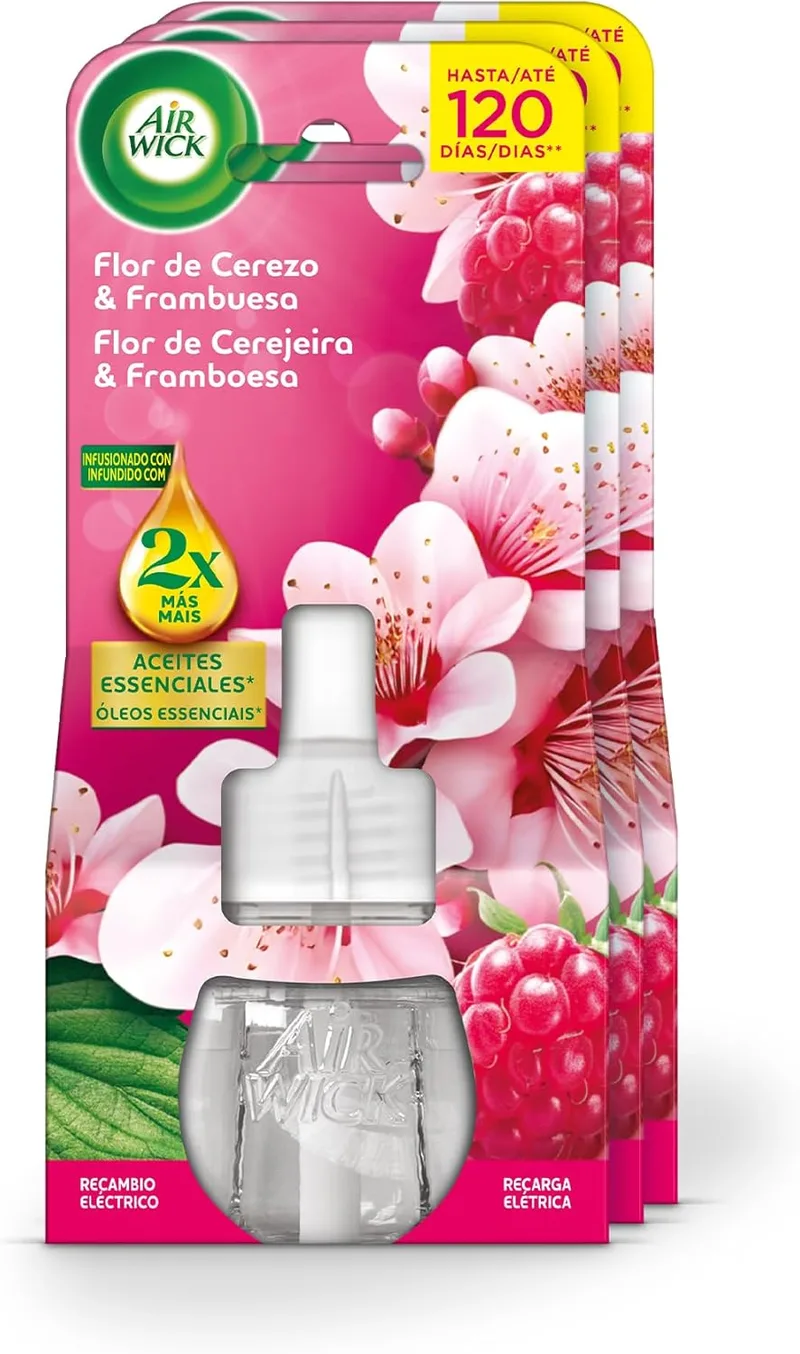 Air Wick ▫️ 3 Pacote de recarga para ambientador elétrico com aroma a flor de cerejeira e framboesa, infundido com 2 vezes mais óleos essenciais.
