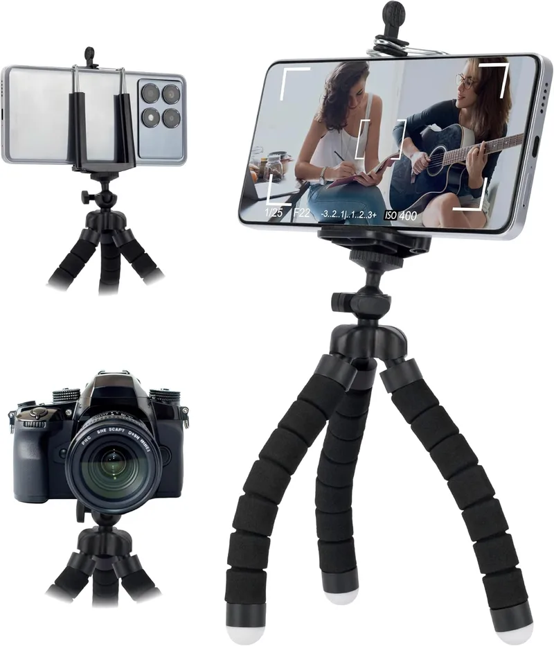 Generico ▫️ Francideal – Tripé flexível de 18 cm para smartphones e câmaras – Tripé de mesa portátil com pernas em forma de polvo, cabeça giratória a 360°, clipe universal – Suporte compacto e leve