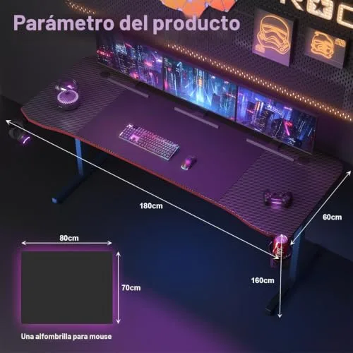 JUMMICO ▫️ Mesa de jogos 180 × 60 cm, secretária de jogos ergonómica em fibra de carbono 3