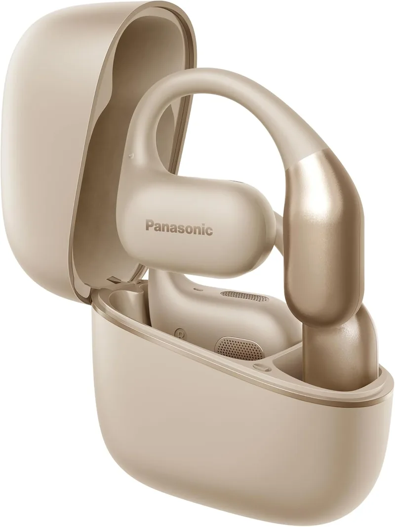 Panasonic ▫️ RB-F10DE-C Auscultadores sem fios de ouvido aberto para desporto, corrida e fitness, com microfone ENC, 25 horas de reprodução, Bluetooth 5.4, IPX4, controlos táteis, bege