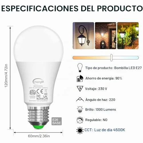 ChangM ▫️ Lâmpada com sensor crepuscular, lâmpada LED E27, branco neutro, 2 unidades 7