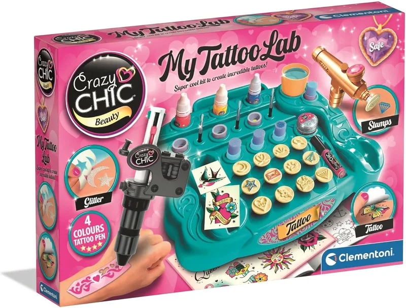 Clementoni ▫️ Crazy Chic - My Tattoo Lab, jogos criativos para crianças a partir dos 6 anos, kit para criar tatuagens temporárias personalizadas, cores vivas, stencils e acessórios, 18260