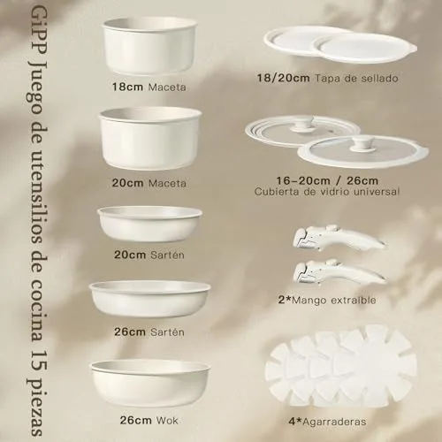GiPP ▫️ Conjunto de frigideiras e panelas com revestimento cerâmico antiaderente - Conjunto de 15 peças com pegas amovíveis, sem substâncias tóxicas, adequado para placas de indução, forno e máquina de lavar louça 2
