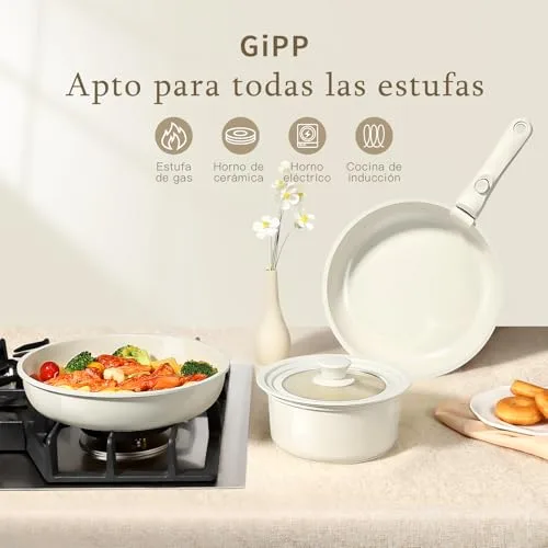 GiPP ▫️ Conjunto de frigideiras e panelas com revestimento cerâmico antiaderente - Conjunto de 15 peças com pegas amovíveis, sem substâncias tóxicas, adequado para placas de indução, forno e máquina de lavar louça 5