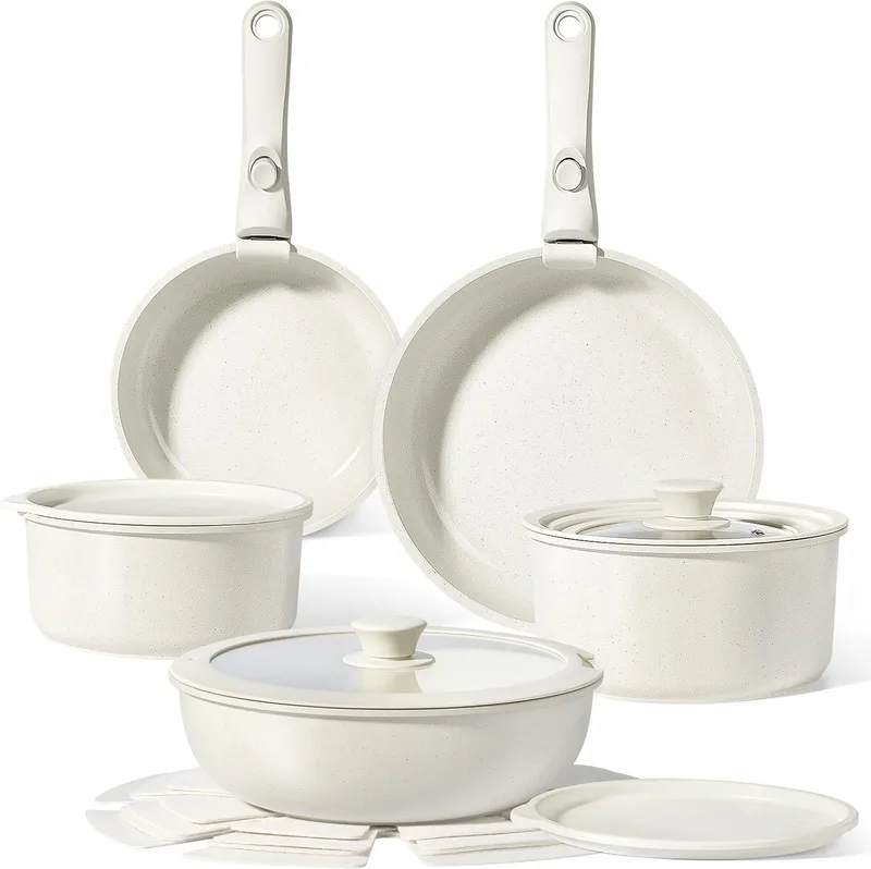 GiPP ▫️ Conjunto de frigideiras e panelas com revestimento cerâmico antiaderente - Conjunto de 15 peças com pegas amovíveis, sem substâncias tóxicas, adequado para placas de indução, forno e máquina de lavar louça