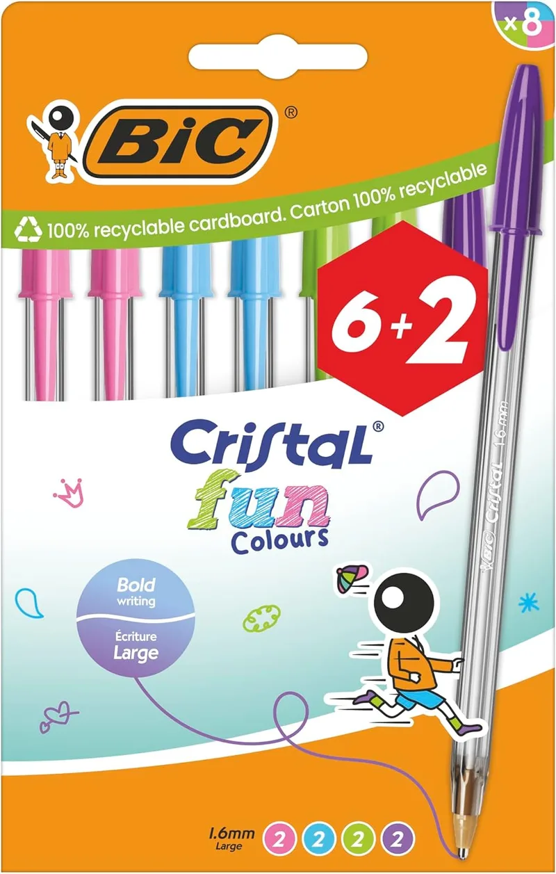 BIC ▫️ Cristal Fun Canetas de cor com ponta larga (1,6 mm) - Cores sortidas, embalagem de 8 (6 + 2 grátis)