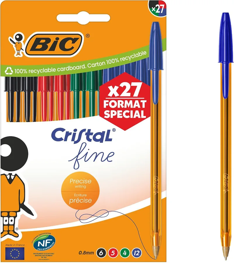 BIC ▫️ Canetas esferográficas Cristal Fine de ponta fina (0,80 mm) - Tintas em cores variadas, caixa de edição especial com 27 unidades