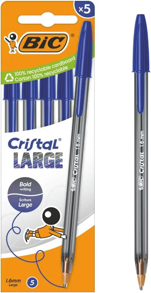 BIC ▫️ Canetas esferográficas Cristal Large Wide (1,6 mm) para fácil legibilidade - Tinta azul, embalagem de 5