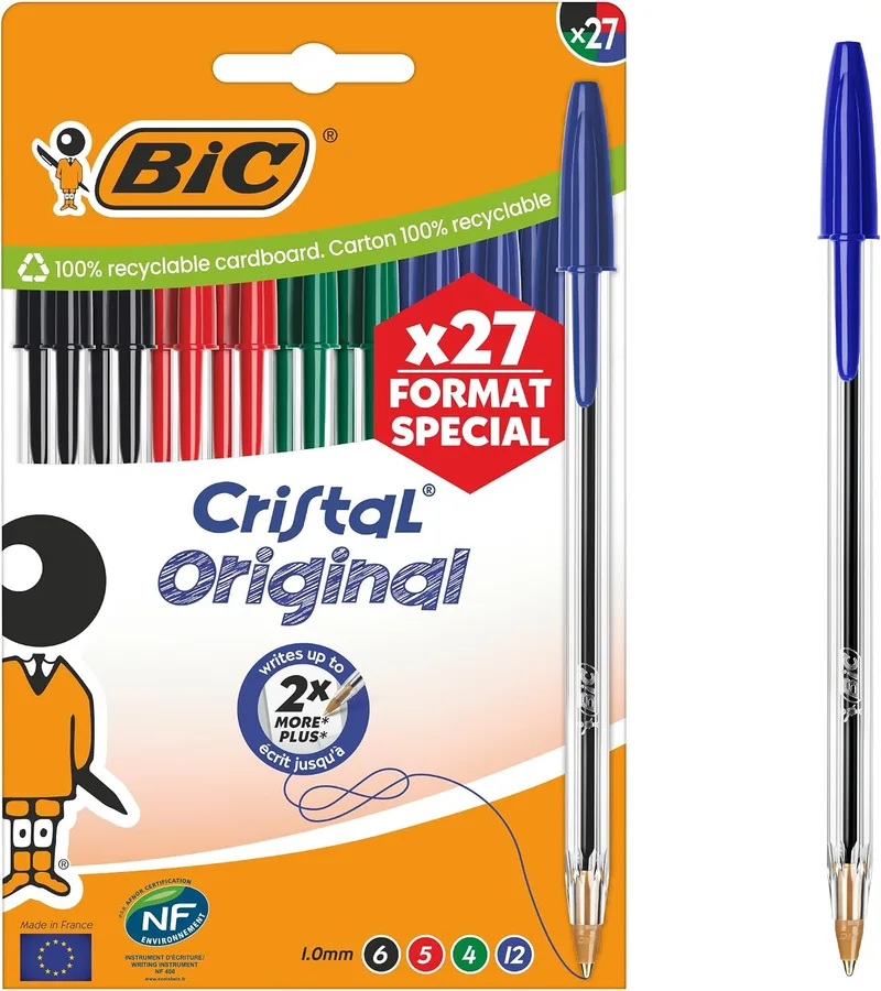 BIC ▫️ Canetas esferográficas Cristal Original de ponta média (1,00 mm) - Tintas em cores variadas, caixa de edição especial com 27 unidades