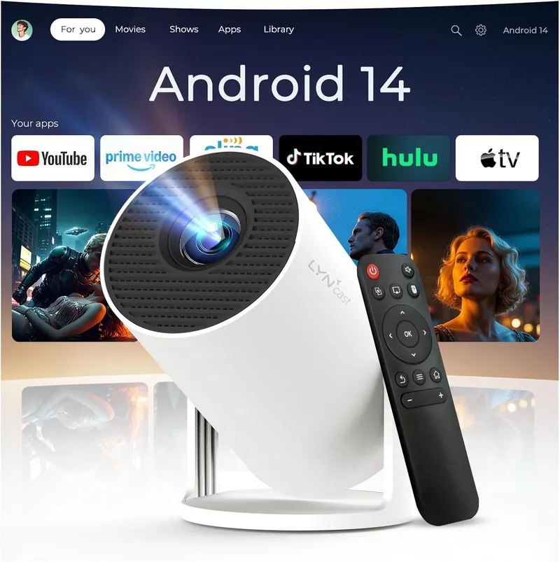 LYNCAST ▫️ Mini-projetor com Wi-Fi e Bluetooth integrados, Android 14, compatível com 4K, projetor portátil, rotação de 180°, atualização HY300pro+, para uso doméstico e no exterior – OptiBarrel 500