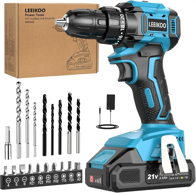 LEEIKOO ▫️ Furadeira com bateria sem escova, furadeira sem fio com bateria 2.0Ah, furadeira sem fio 45N.m, 21 configurações de torque, 20 acessórios, 2 velocidades, 2 velocidades, luz LED DIY, azul