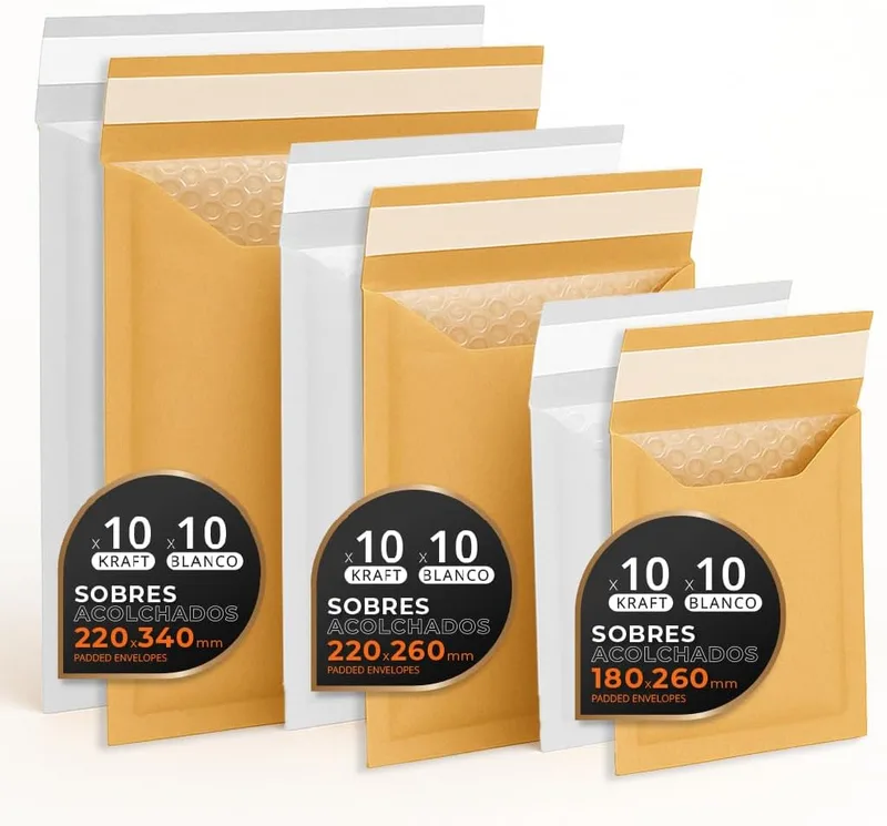 OFITURIA ▫️ Envelopes almofadados multi-tamanhos (3 tamanhos), Kraft e Branco - Fecho autocolante - Envelopes de papel com bolha de ar no interior, ideais para enviar por correio - Pack M - (60 envelopes)
