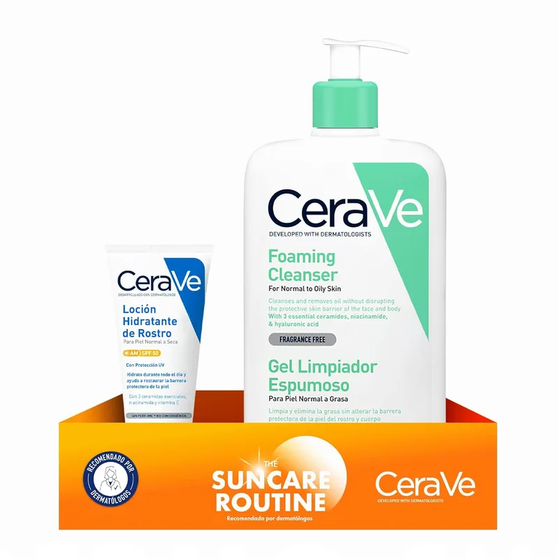 La Roche Posay ▫️ Rotina de Verão CeraVe, Loção Hidratante Facial FPS 50, 52 ml + Gel de Limpeza Hidratante, para pele normal a seca, com ceramidas essenciais e ácido hialurónico para rosto e corpo, 562 ml