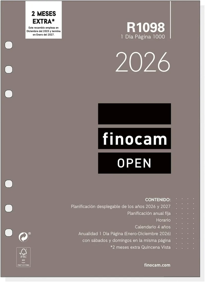 Finocam ▫️ Open 2026 1 Dia Agenda recarga 1 Dia Página | janeiro - dezembro (12 meses) | Recarga anual R1098 agenda com 6 furos - Inglês
