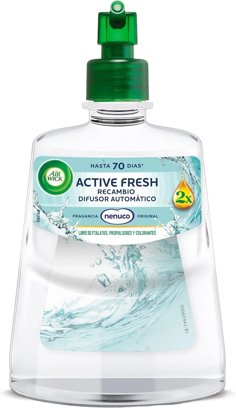 Air Wick ▫️ Active Fresh Spray Automático Sem Aerossol - ambientador doméstico neutralizador de odores com fragrância Nenuco, com o dobro de óleos essenciais - Recarga (228 ml), com duração até 70 dias
