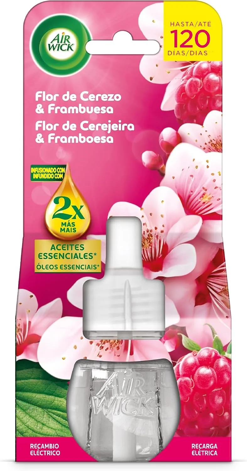 Air Wick ▫️ Recarga para difusor elétrico com aroma a flor de cerejeira e framboesa, enriquecida com o dobro de óleos essenciais