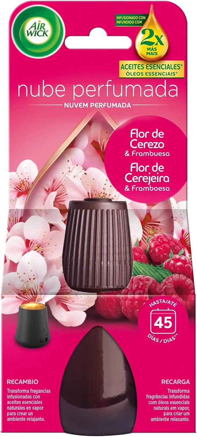 Air Wick ▫️ Essential Mist, recarga para difusor de óleos essenciais com aroma a flor de cerejeira e framboesa, enriquecida com o dobro da quantidade de óleos essenciais