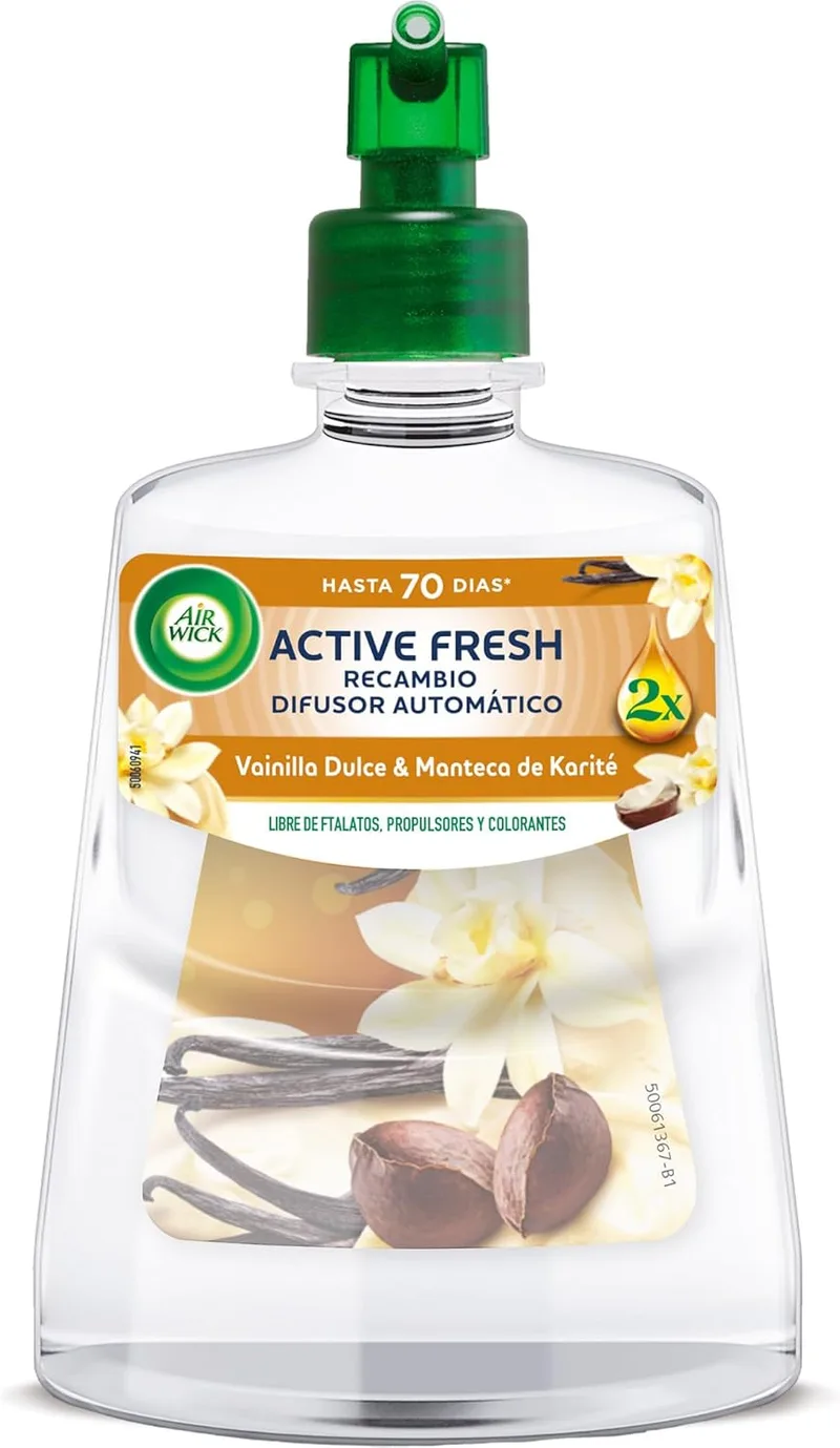 Air Wick ▫️ Active Fresh Automatic Non-Aerosol Spray, ambientador doméstico neutralizador de odores com aroma a baunilha, 2 vezes mais óleos essenciais, recarga 228 ml