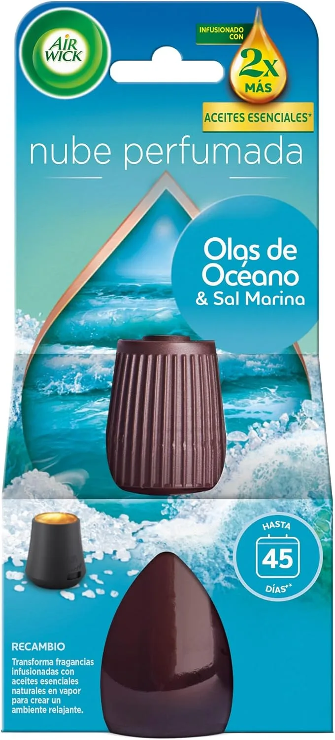 Air Wick ▫️ Essential Mist, Ocean Wave & Sea Salt infused essential oil diffuser air freshener refill infundido com 2 vezes mais óleos essenciais.