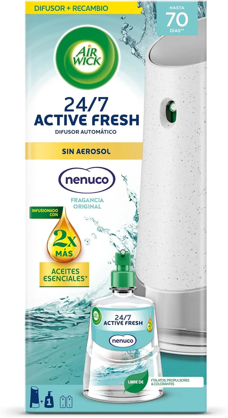 Air Wick ▫️ Active Fresh Automatic Non-Aerosol Spray - ambientador doméstico com fragrância Nenuco, 2 vezes mais óleos essenciais, dura até 70 dias