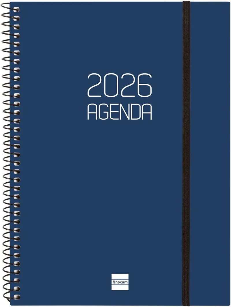 Finocam ▫️ Agenda espiral 2026 Semana horizontal : janeiro - dezembro (12 meses) : Agenda anual 2026 com elástico : Capa espiral em polipropileno opaca - Azul - Inglês
