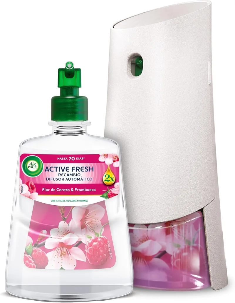 Air Wick ▫️ Active Fresh Automatic Non-Aerosol Spray - ambientador doméstico neutralizador de odores com fragrância de Flor de Cerejeira e Framboesa, 2 vezes mais óleos essenciais