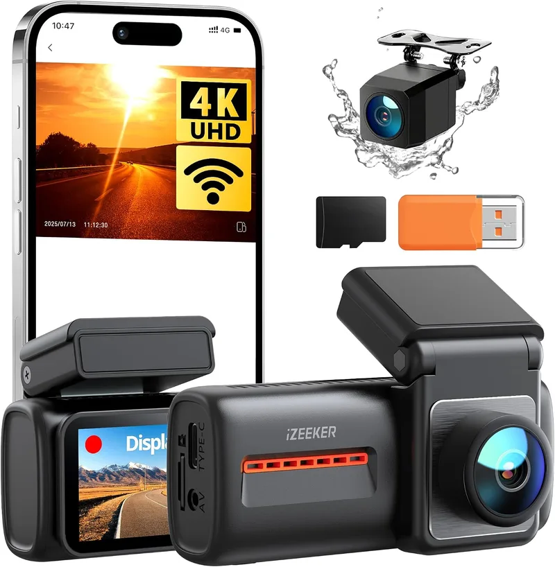 iZEEKER ▫️ 4K Dashcam Frontal e Traseira, Dashcam para carro com Wi-Fi 6 e cartão de 32 GB, Câmara de carro 4K+1080P, Ecrã de 2,99", Aplicação, Visão noturna, Sensor G, Gravação em loop, Monitor de Estacionamento 24 horas