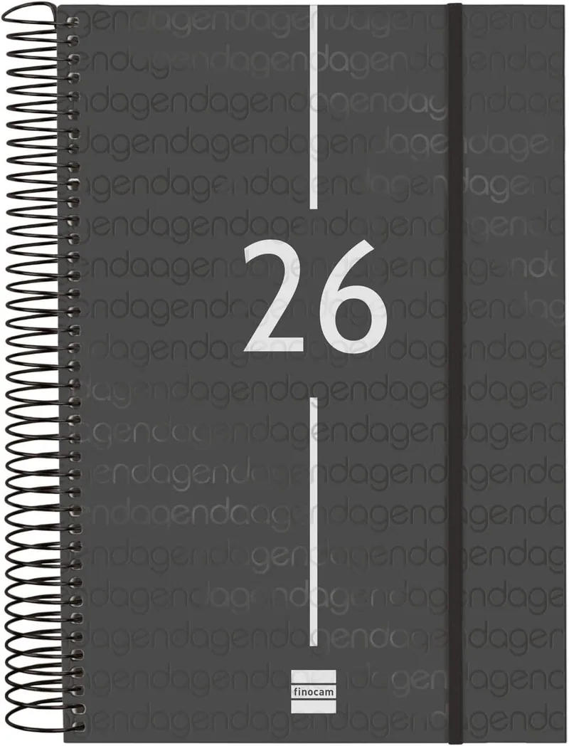 Finocam ▫️ Agenda Espiral 2026 1 Página Diária : janeiro - dezembro (12 meses) : Agenda Anual 2026 com elástico : Capa em polipropileno : Espiral Ano - Preto - Inglês