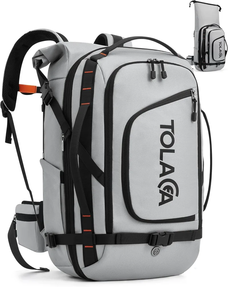 Tolaccea ▫️ Mochila de viagem expansível 40L-55L, mochila de viagem para cabine de avião TSA, mochila grande para portátil de 17,3", mochila de viagem à prova de água para homens, mulheres, caminhadas e campismo