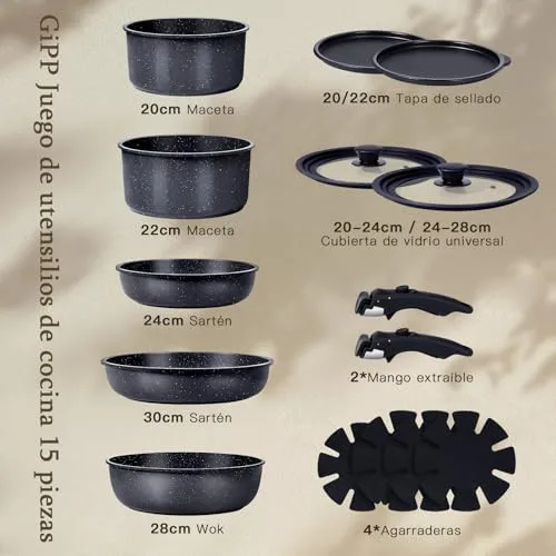 GiPP ▫️ Conjunto de panelas e frigideiras de 15 peças, frigideiras de alumínio para indução, inclui frigideiras de 24 cm e 30 cm, panelas de 3 L e 4 L, wok de 28 cm, tampa, pega removível e outros acessórios 3