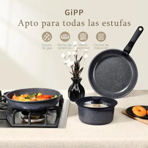 GiPP ▫️ Conjunto de panelas e frigideiras de 15 peças, frigideiras de alumínio para indução, inclui frigideiras de 24 cm e 30 cm, panelas de 3 L e 4 L, wok de 28 cm, tampa, pega removível e outros acessórios 5