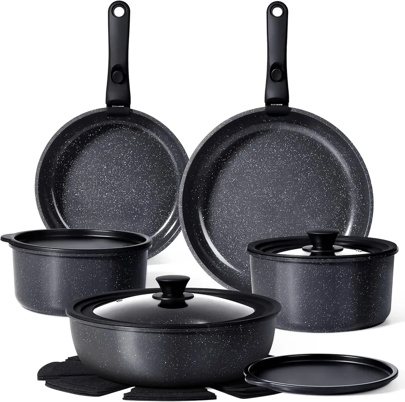 GiPP ▫️ Conjunto de panelas e frigideiras de 15 peças, frigideiras de alumínio para indução, inclui frigideiras de 24 cm e 30 cm, panelas de 3 L e 4 L, wok de 28 cm, tampa, pega removível e outros acessórios