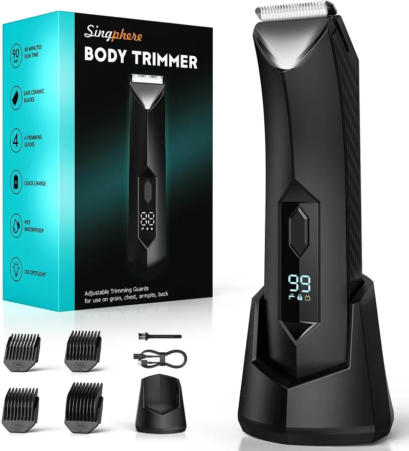 Singphere ▫️ Depiladora corporal para homem, depiladora corporal para homem com 4 pentes, depiladora para homem com luz LED e ecrã, à prova de água IPX7 para utilização nas axilas, rosto, membros, etc.